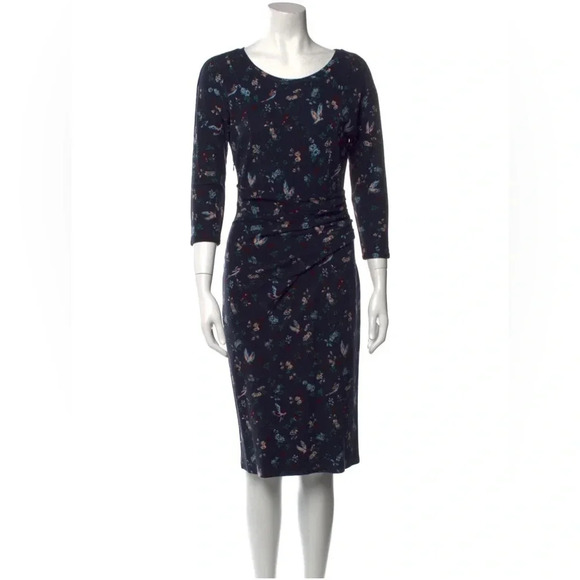 Max Mara Dark Navy Floral Print Midi Sheath Dress Size XL - Picture 1 of 11
